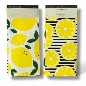 Stitch & Weft Kitchen Towel Set Lemon Print 100% Natural Cotton Yellow Black